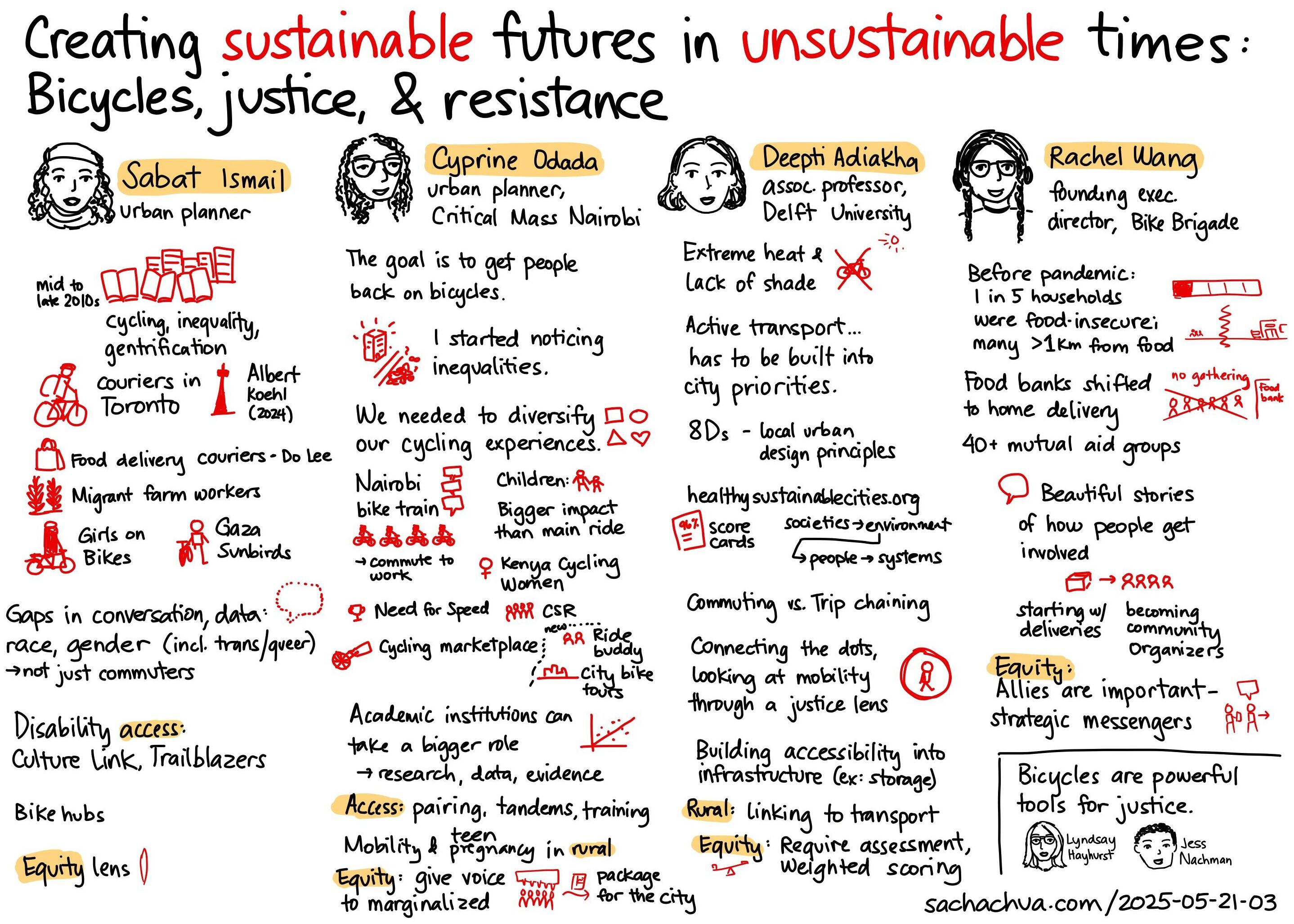2025-05-21-03 Creating sustainable futures in unsustainable times: Bicycles, justice, and resistance - Sabat Ismail, Cyprine Odada, Deepti Adiakha, Rachel Wang -- biking justice community