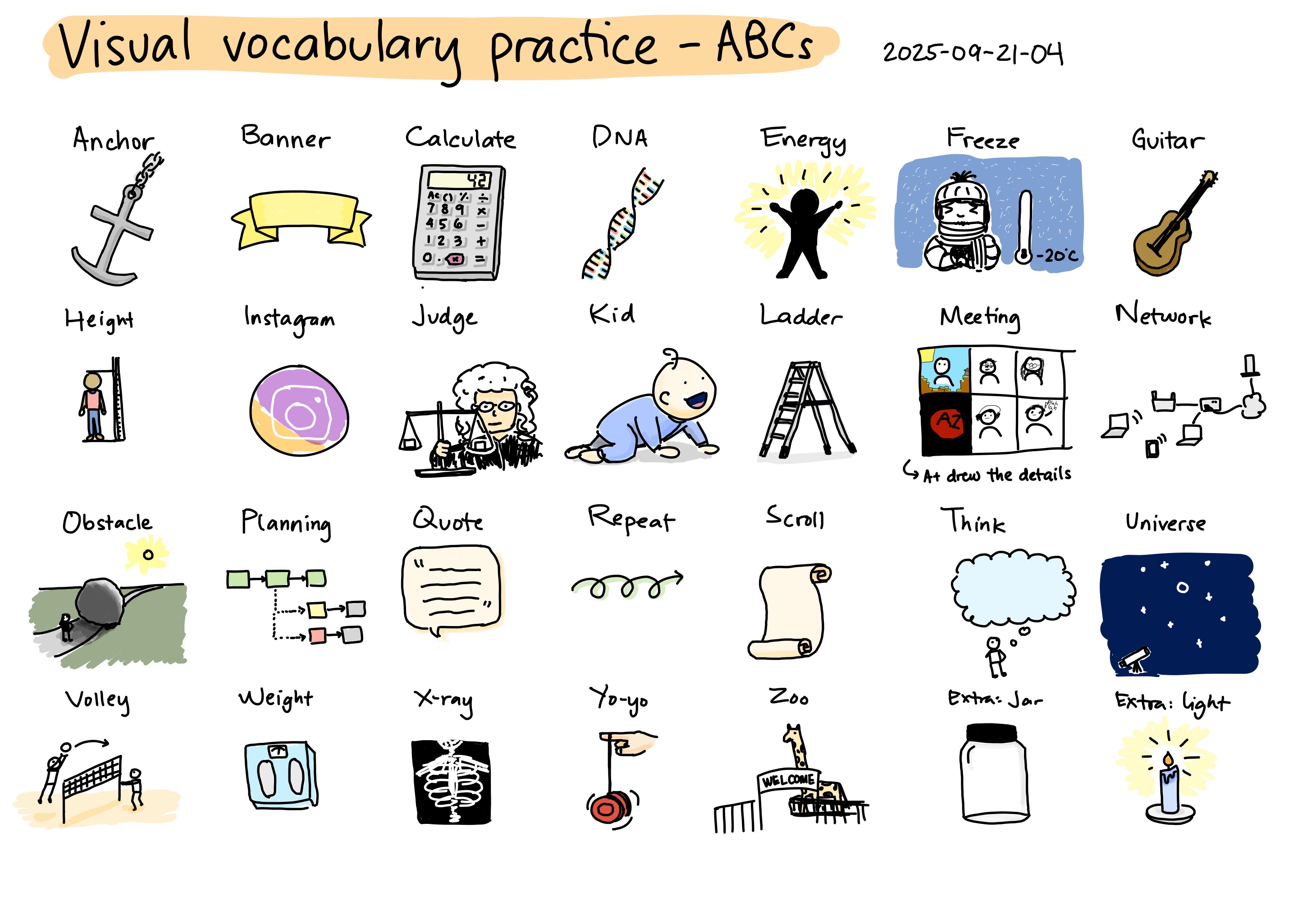 2025-09-21-04 Visual vocabulary practice - ABCs -- drawing