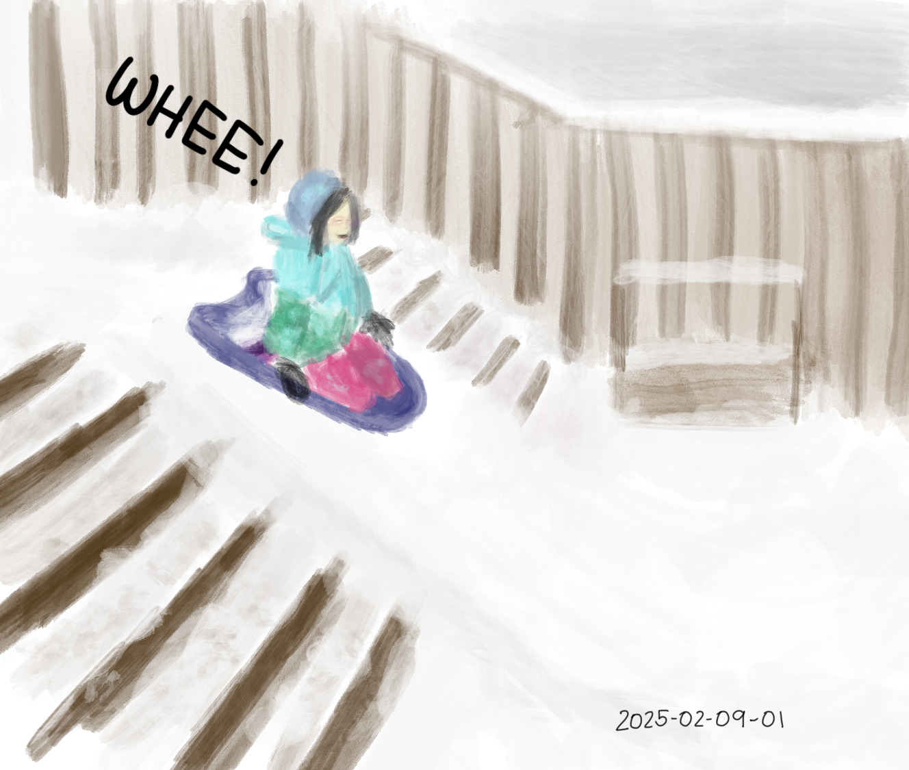 2025-02-09-01 Sliding down the steps -- painting art life winter.jpg